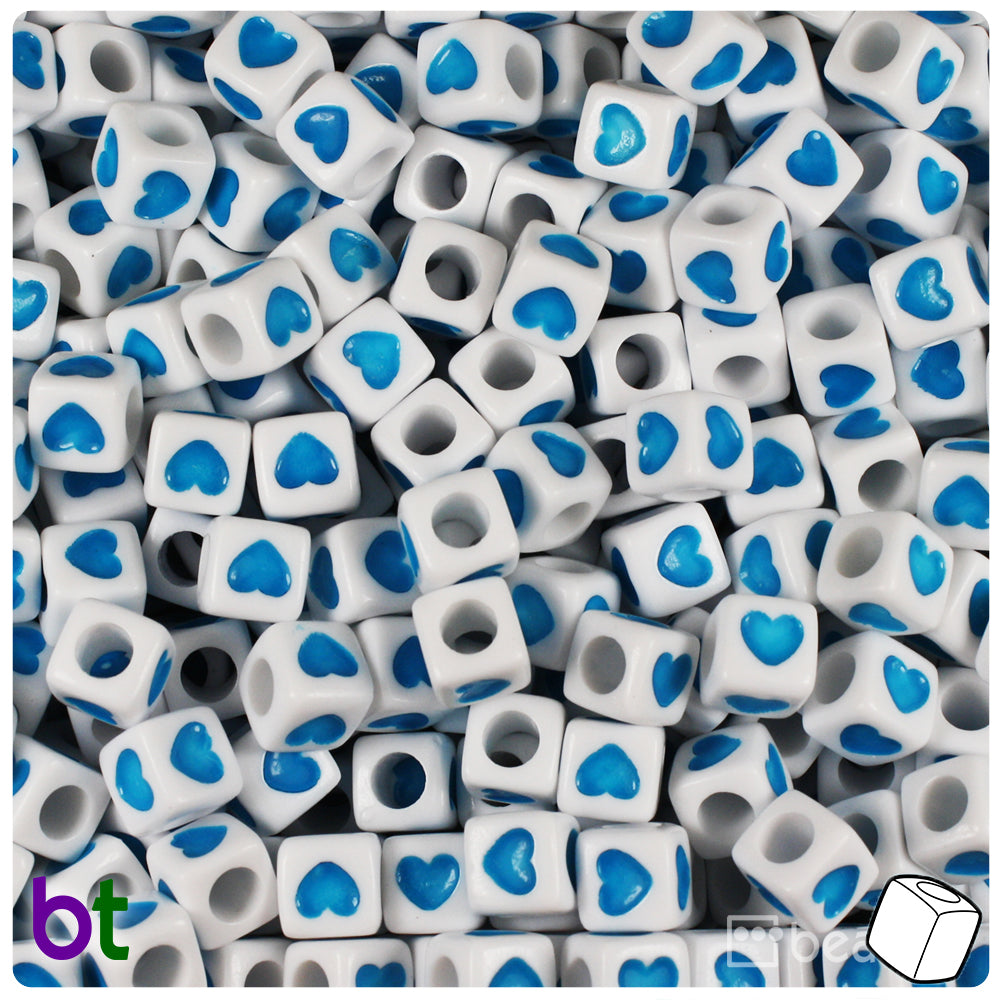 White Opaque 7mm Cube Alpha Beads - Blue Hearts (150pcs)