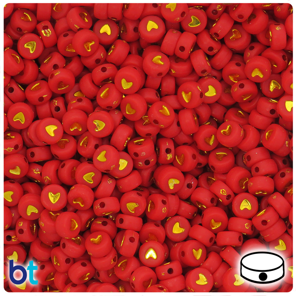 Red Opaque 7mm Coin Alpha Beads - Gold Hearts (250pcs)