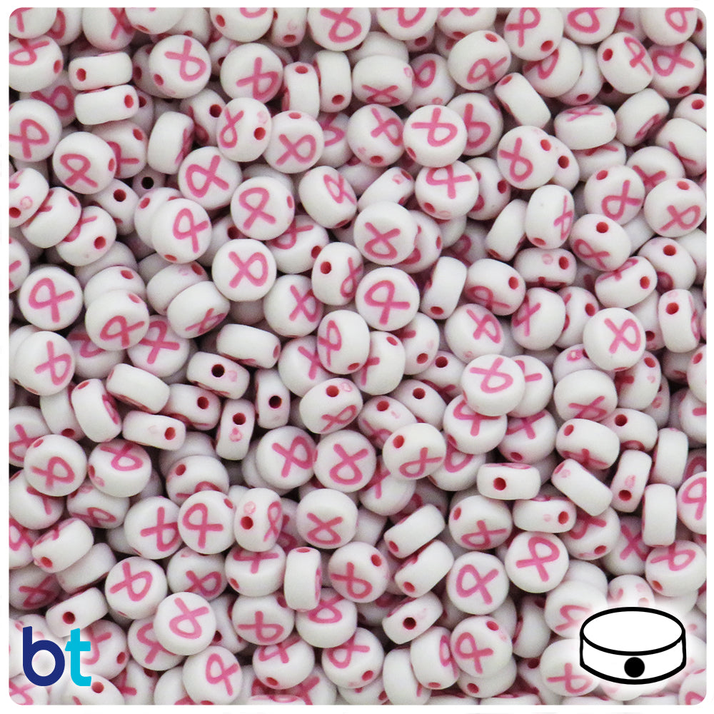 White Opaque 7mm Coin Alpha Beads - Pink Ribbon (250pcs)