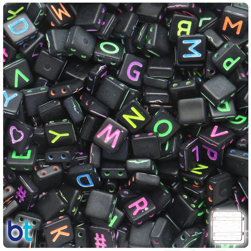 Black Opaque 8mm Square Alpha Beads - Colored Letter Mix (150pcs)