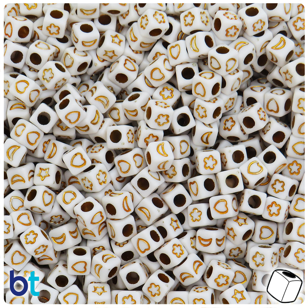 White Opaque 6mm Cube Alpha Beads - Gold Celestial (250pcs)
