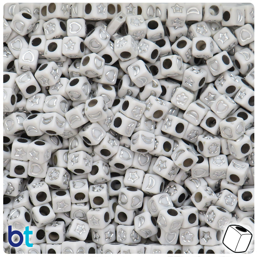 White Opaque 6mm Cube Alpha Beads - Silver Celestial (250pcs)
