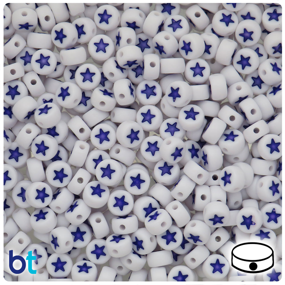 White Opaque 7mm Coin Alpha Beads - Dark Purple Stars (250pcs)