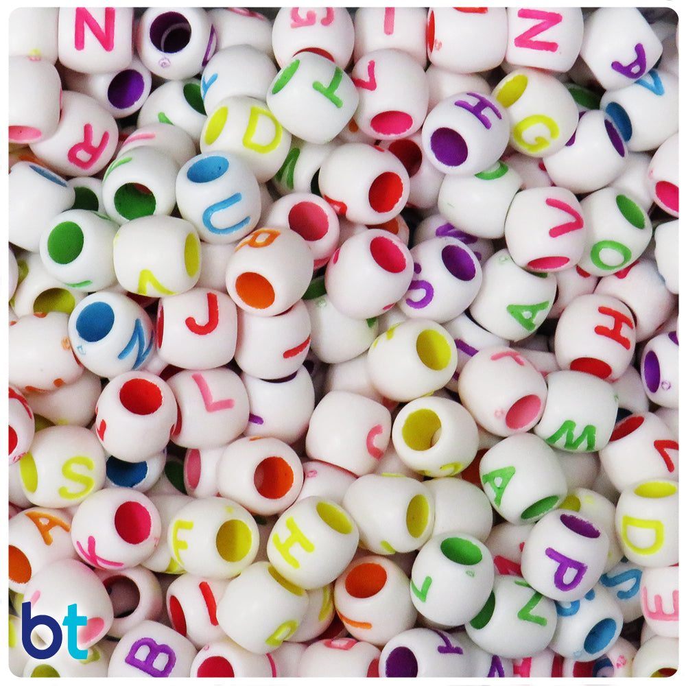 White Opaque 9mm Barrel Alpha Beads - Colored Letter Mix (150pcs)