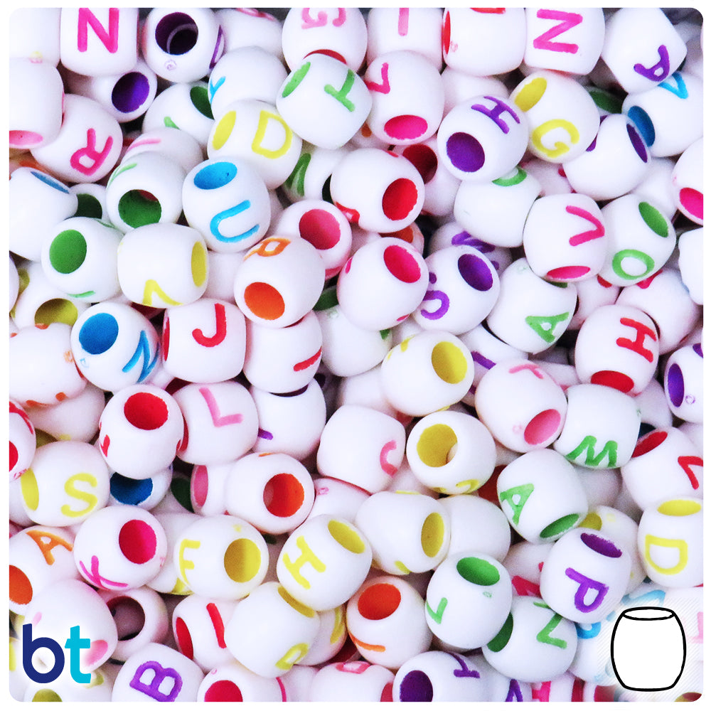 White Opaque 9mm Barrel Alpha Beads - Colored Letter Mix (150pcs)