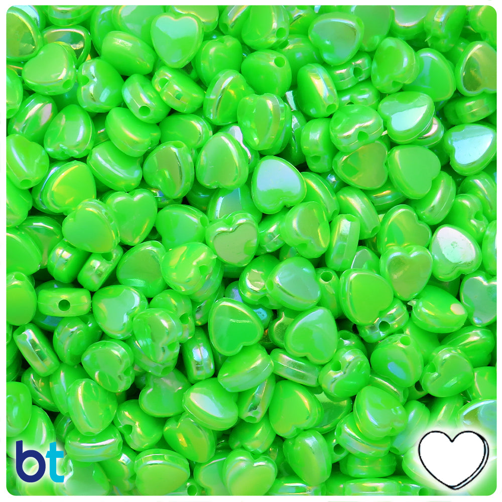 Green Opaque AB 9mm Heart Plastic Beads (250pcs)
