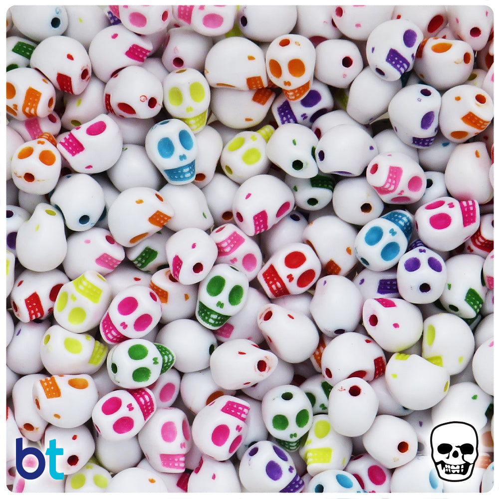 White Opaque 10mm Skull Plastic Beads - Colored Details (525pcs)