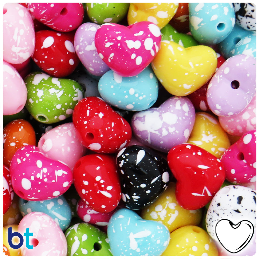 Mixed Opaque 18mm Heart Plastic Beads - Splash Design (24pcs)