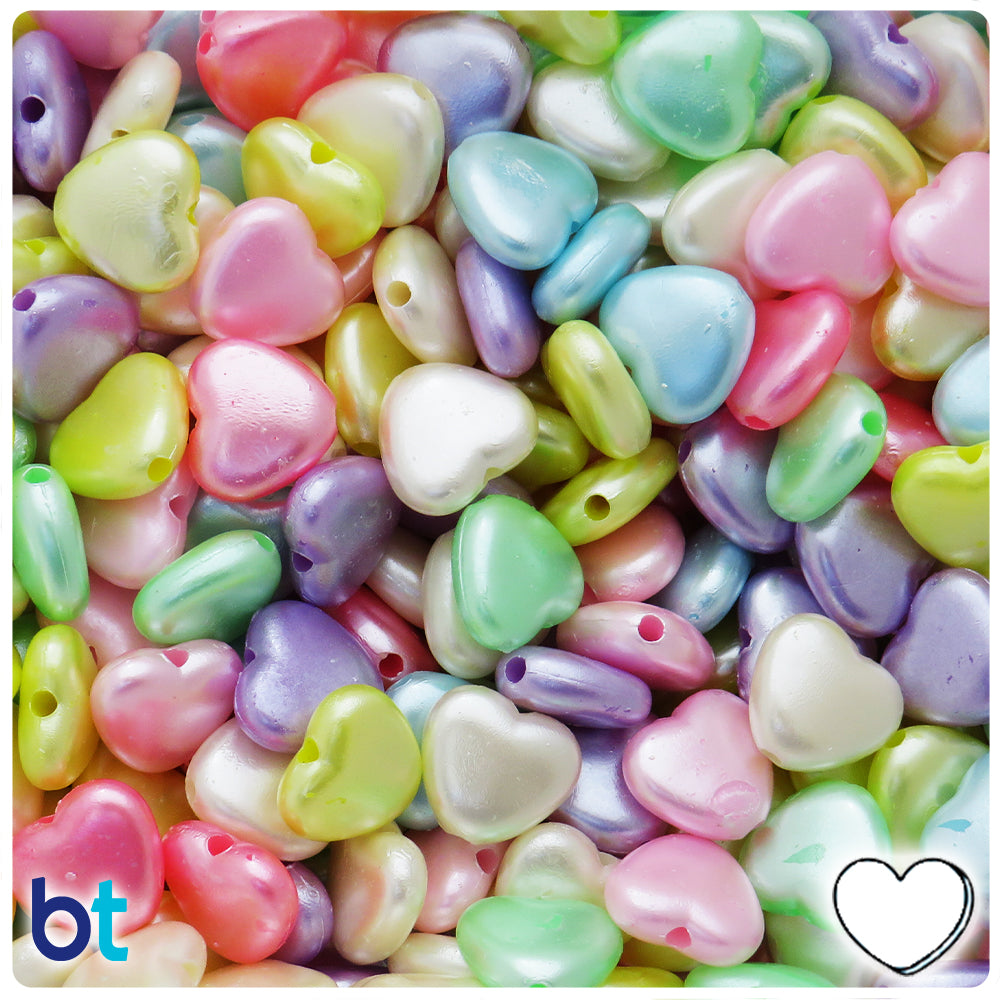 Mixed Pastel Pearl 12mm Heart Plastic Beads (110pcs)