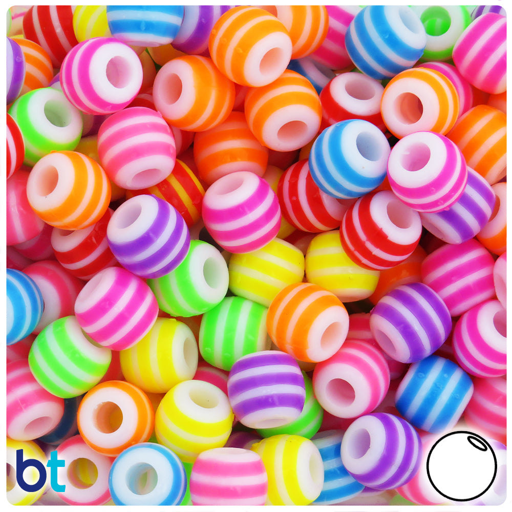White Opaque 12mm Round Plastic Beads - Colored Stripes (50pcs)