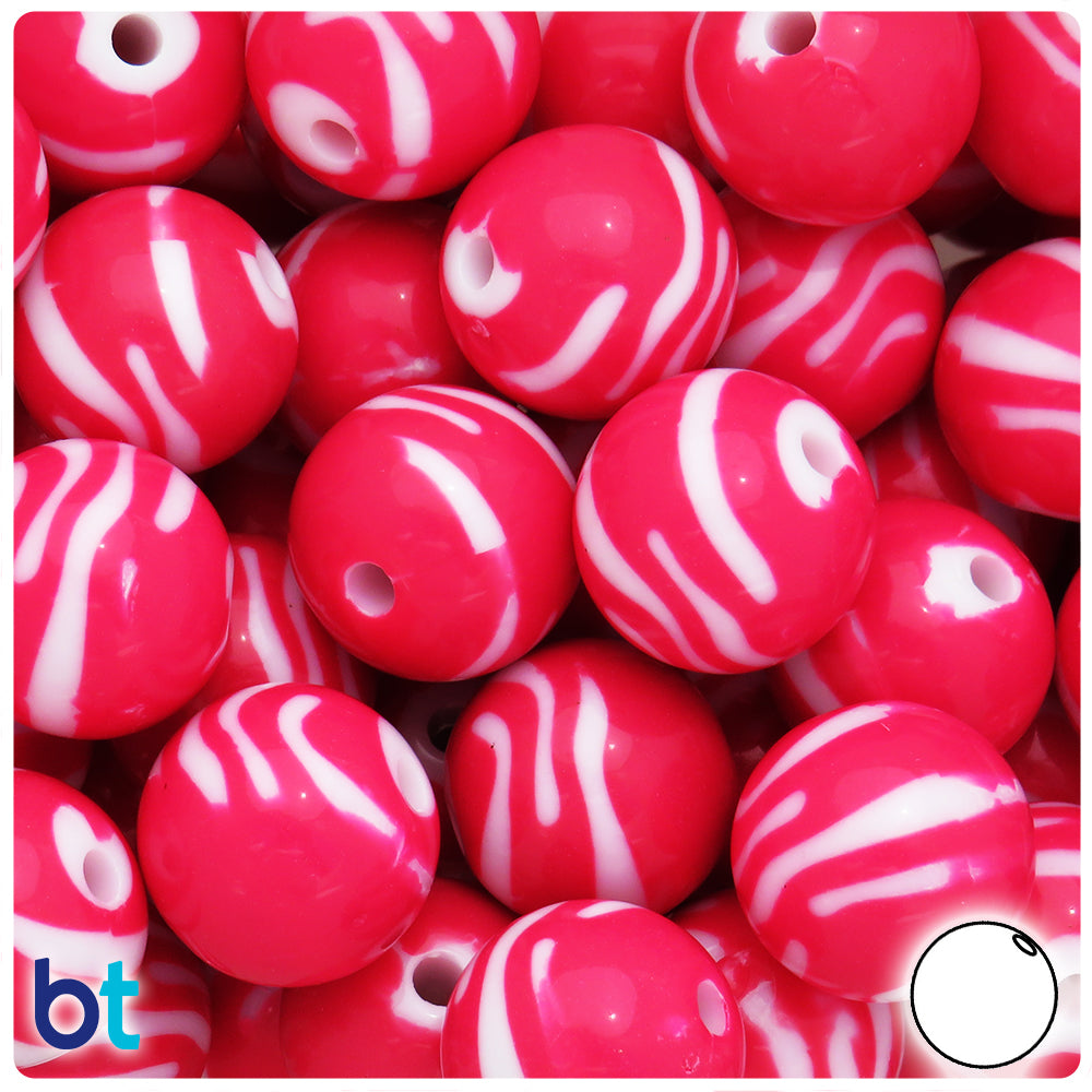 Dark Pink Opaque 19mm Round Plastic Beads - White Zebra Stripes (12pcs)