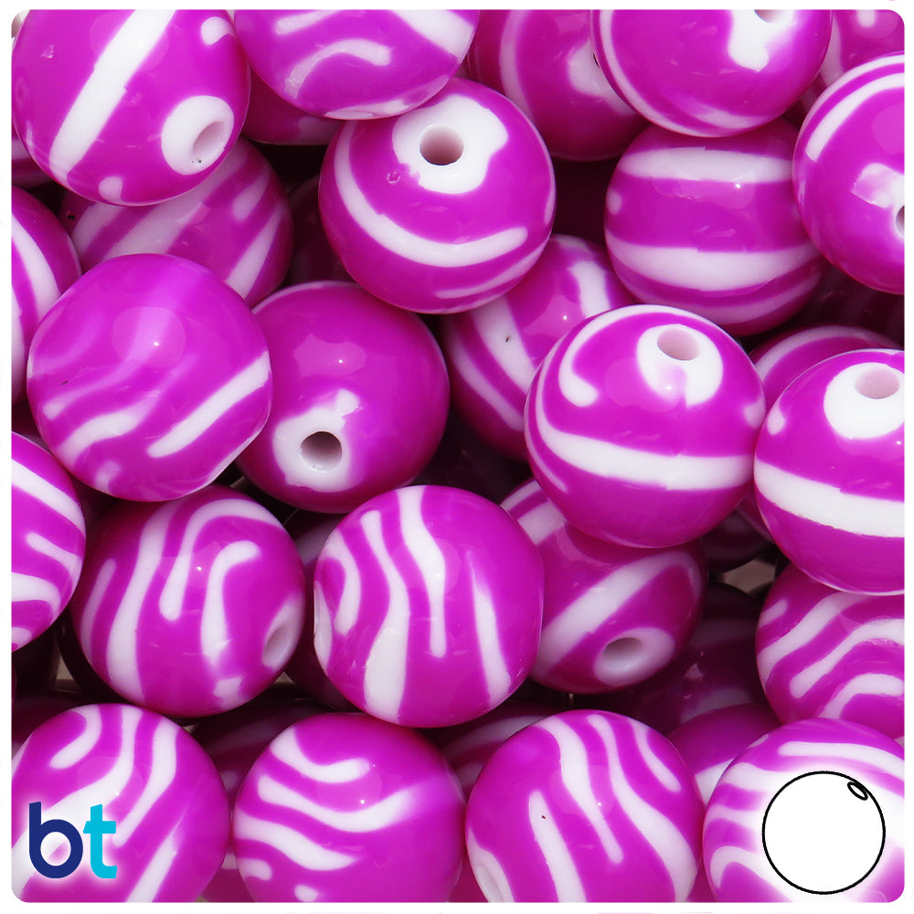 Dark Purple Opaque 19mm Round Plastic Beads - White Zebra Stripes (12pcs)