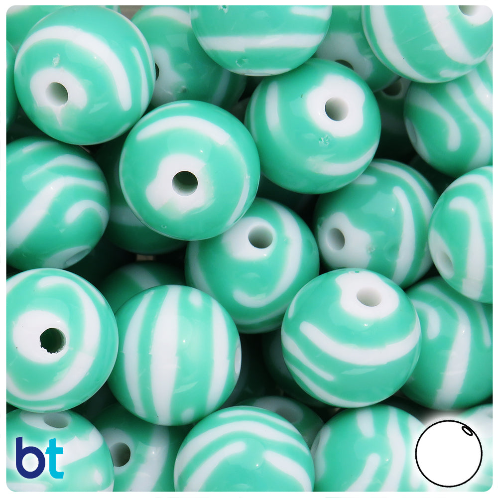 Light Green Opaque 19mm Round Plastic Beads - White Zebra Stripes (12pcs)