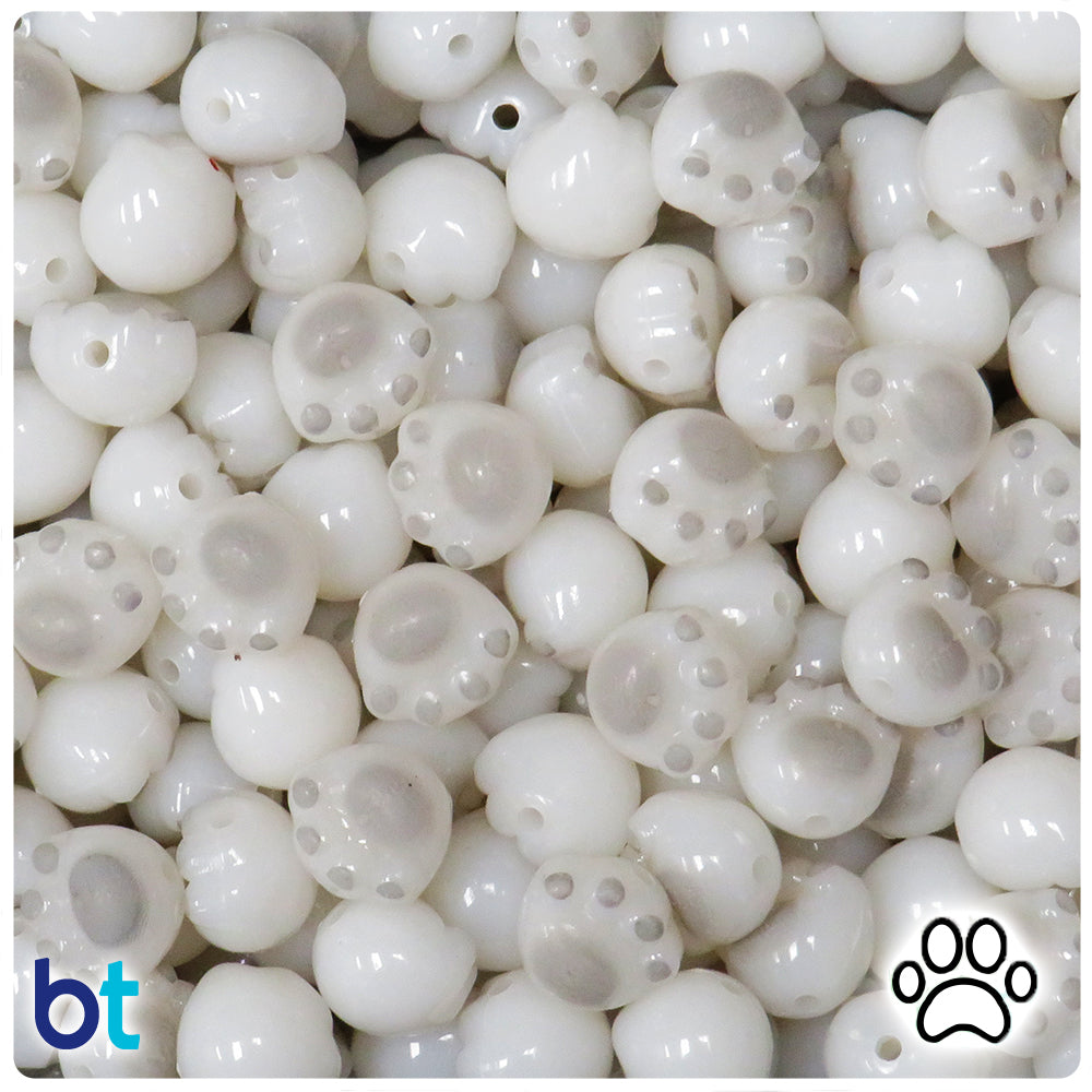 White Opaque 12mm Paw Print Plastic Beads - Grey Details (50pcs)