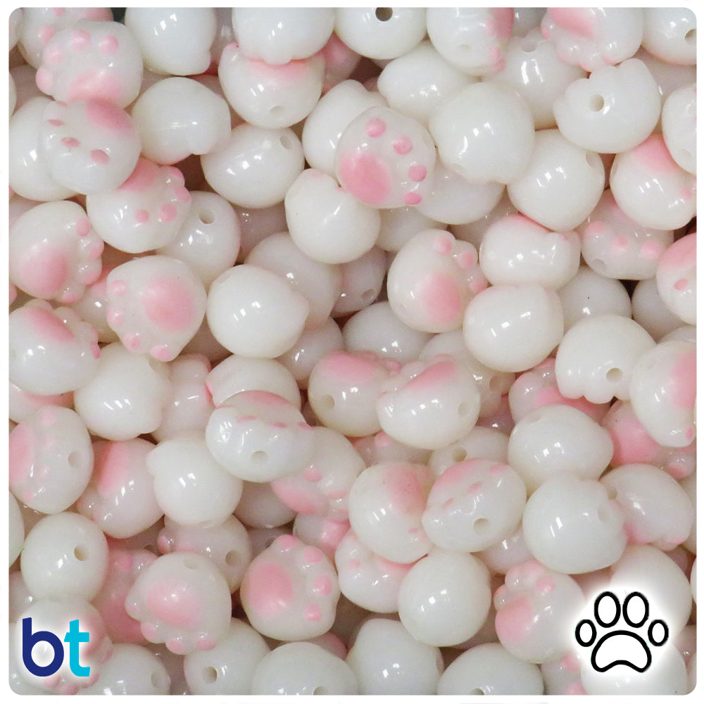 White Opaque 12mm Paw Print Plastic Beads - Pink Details (50pcs)