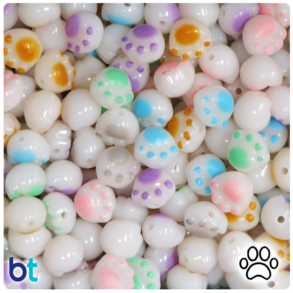 White Opaque 12mm Paw Print Plastic Beads - Colored Details (50pcs)