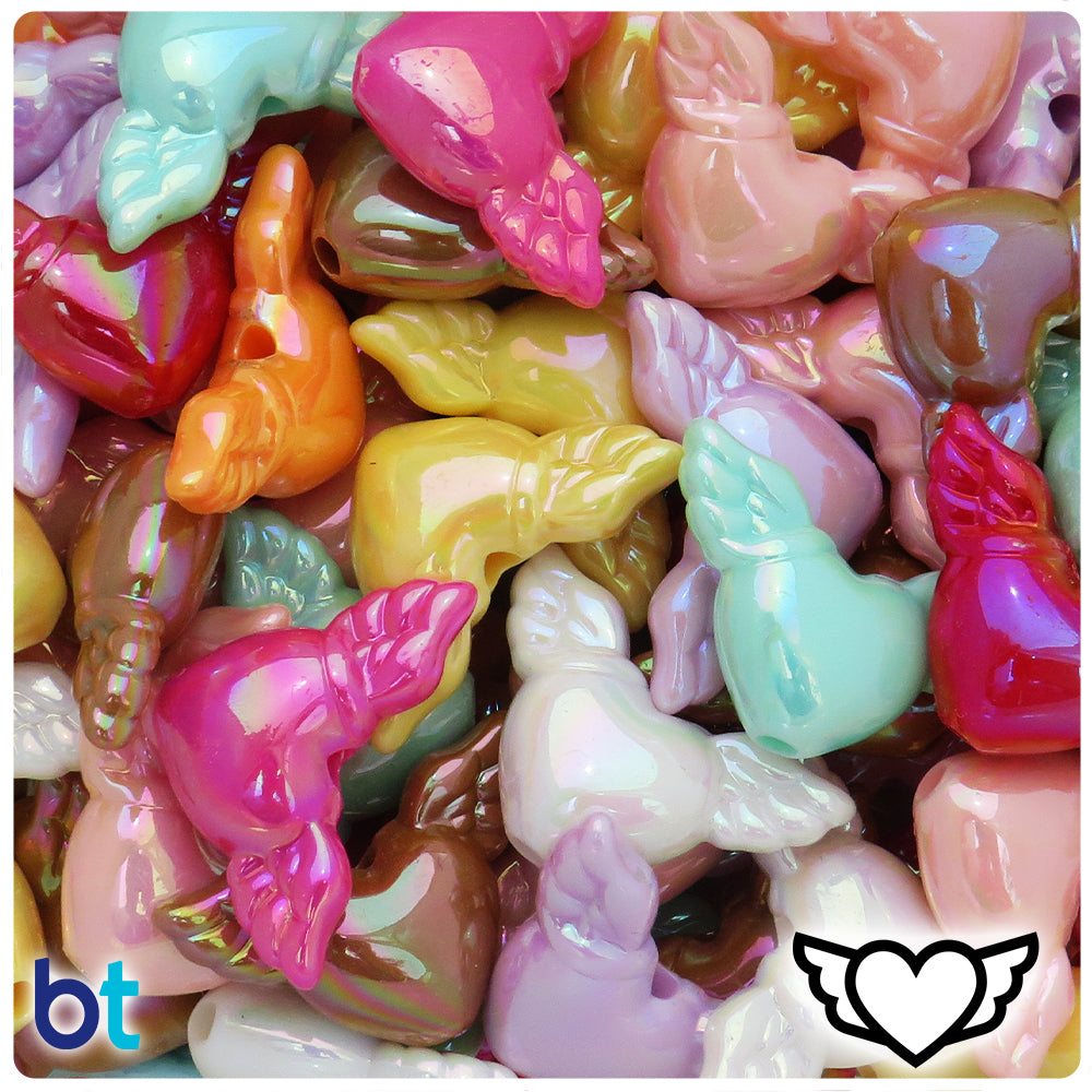 Mixed Opaque 30mm Heart Wings Plastic Beads - UV Coating (25pcs)