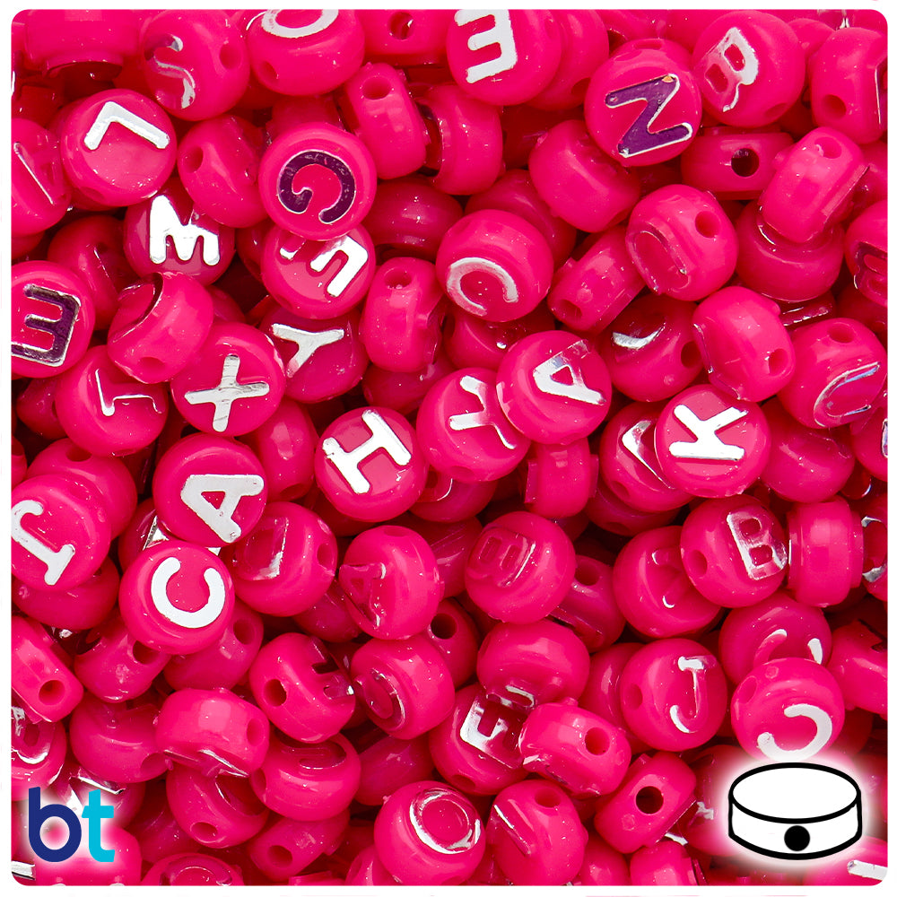 Magenta Neon Bright 10mm Coin Alpha Beads - Silver Letter Mix (144pcs)