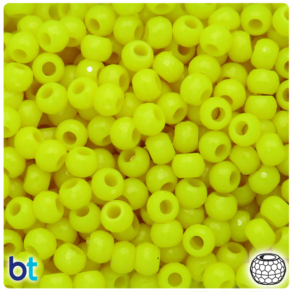 Lemon Neon Bright 9mm Faceted Barrel Pony Beads (100pcs)
