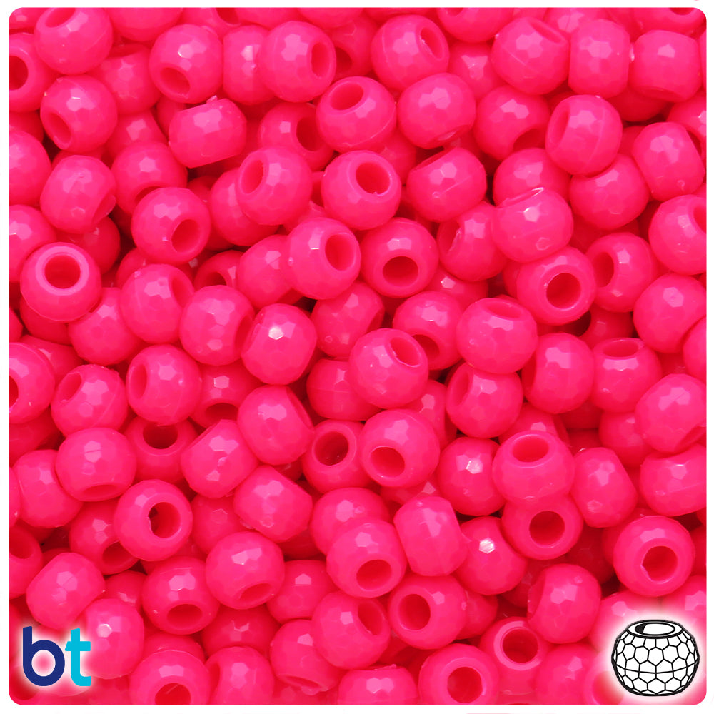 Magenta Neon Bright 9mm Faceted Barrel Pony Beads (100pcs)