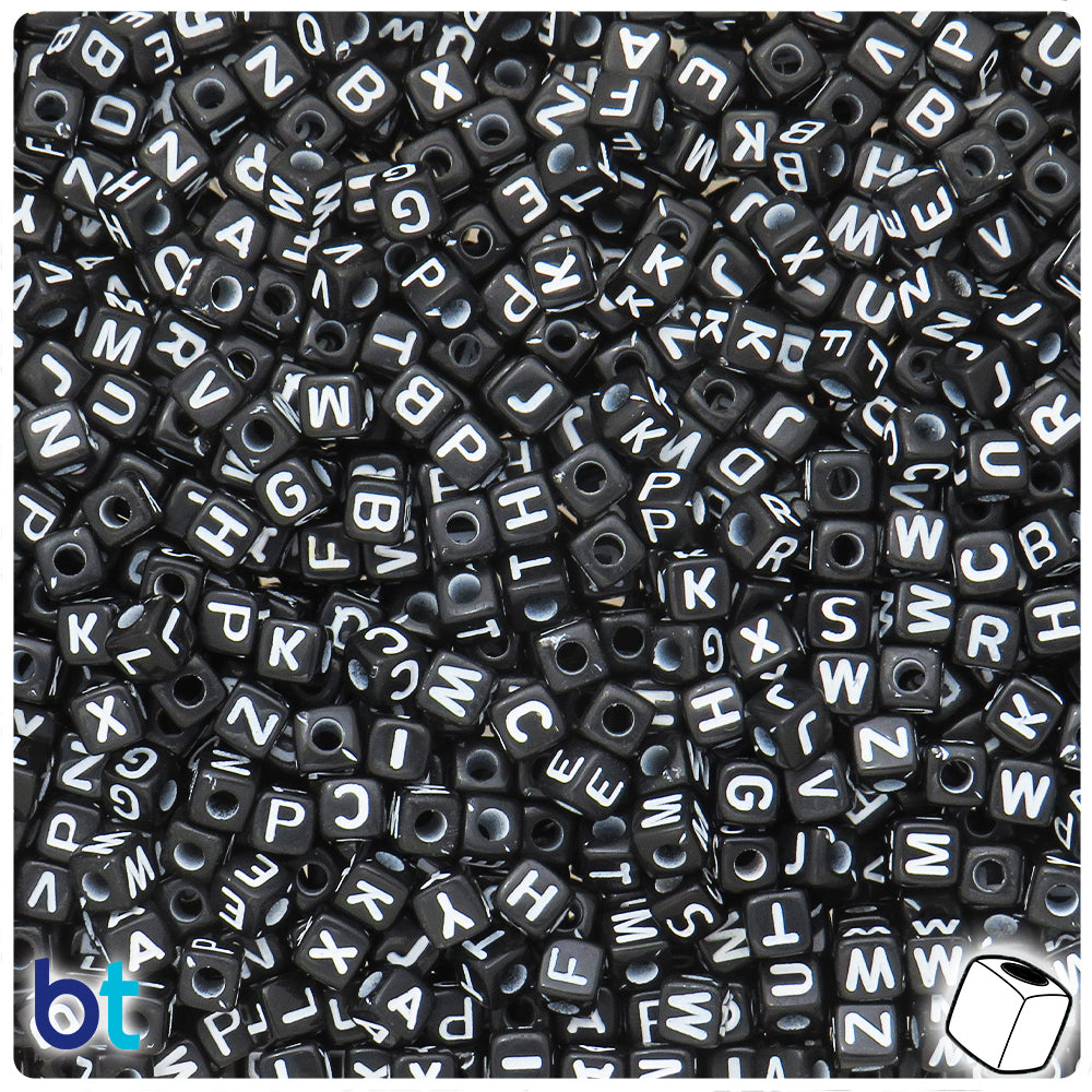 Black Opaque 5mm Cube Alpha Beads - White Letter Mix (1250pcs)