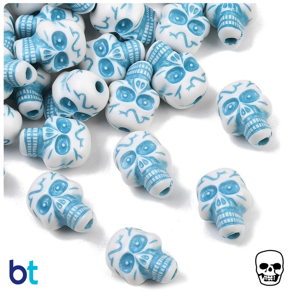 White Opaque 23mm Skull Plastic Beads - Blue Details (24pcs)