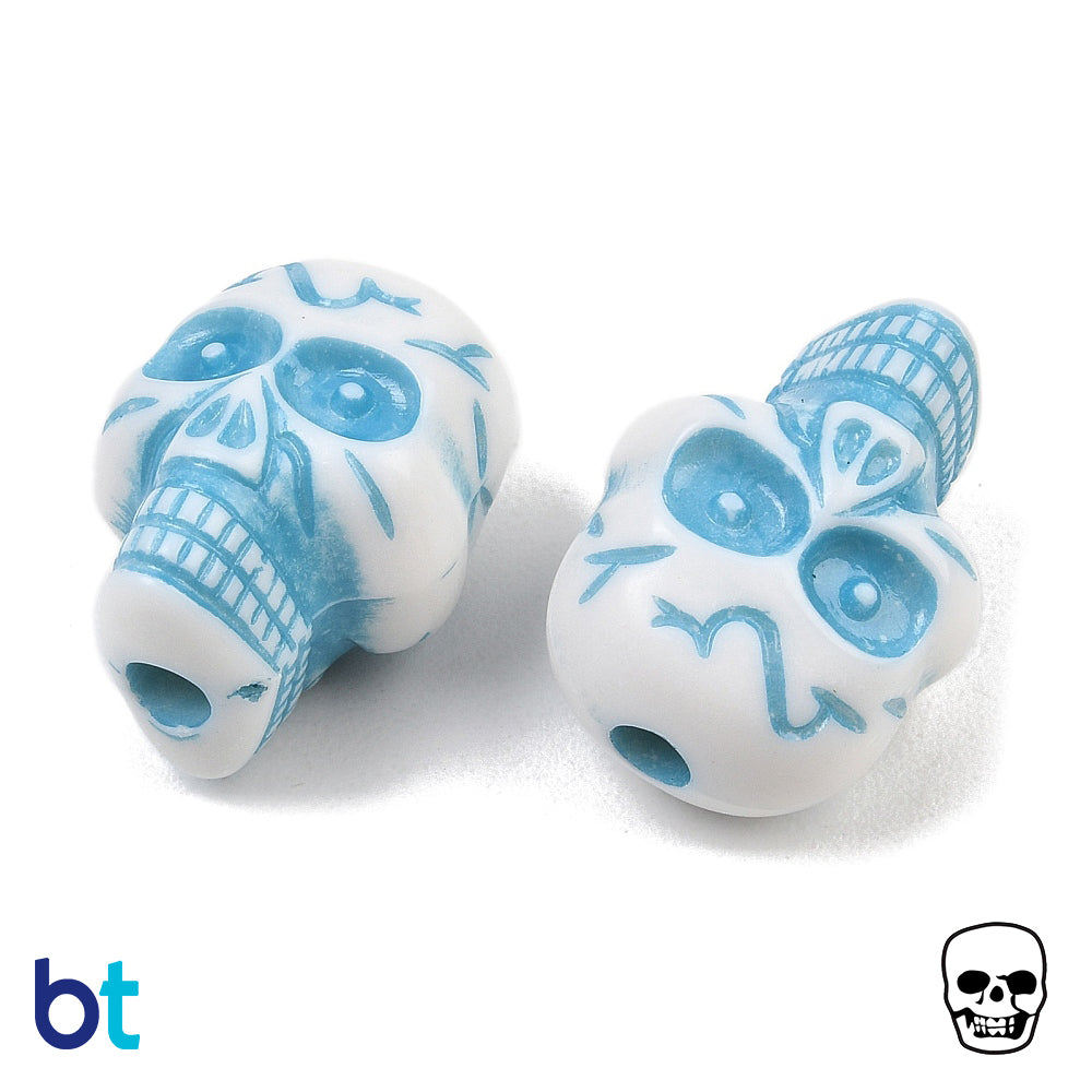 White Opaque 23mm Skull Plastic Beads - Blue Details (24pcs)