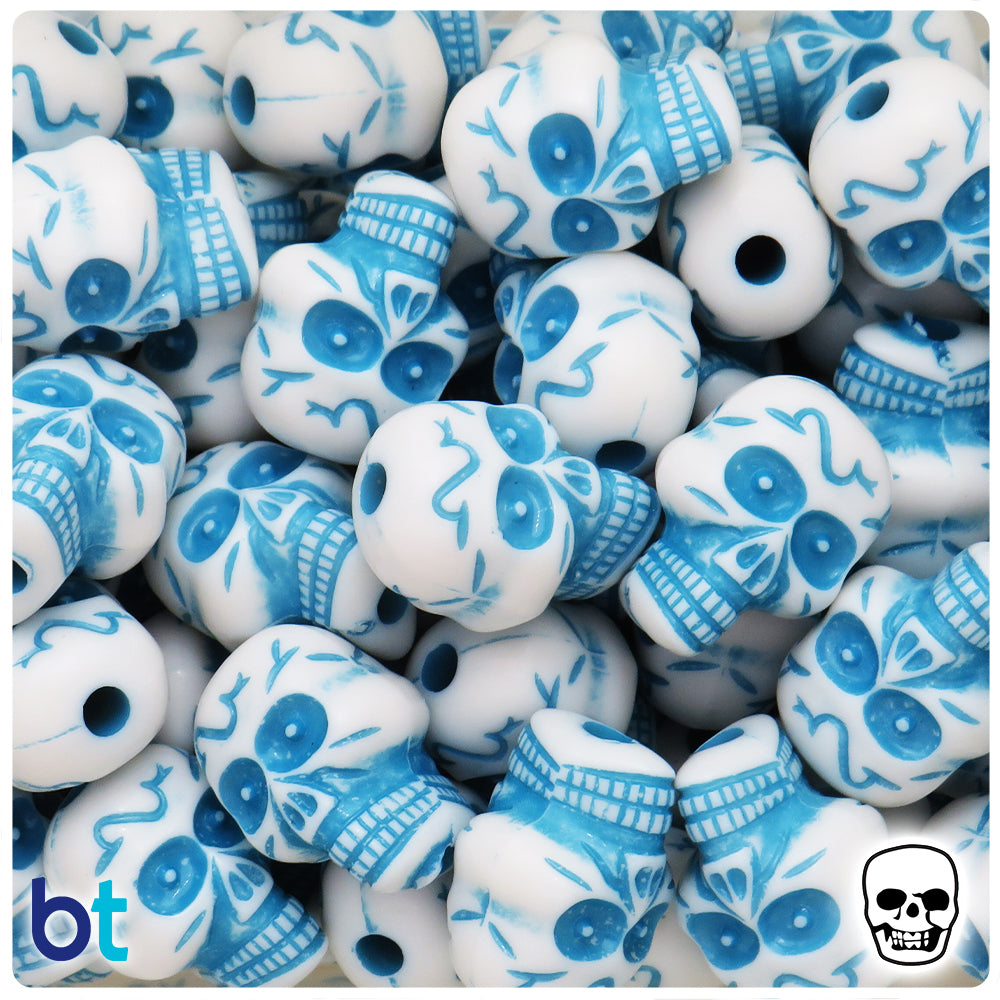 White Opaque 23mm Skull Plastic Beads - Blue Details (24pcs)