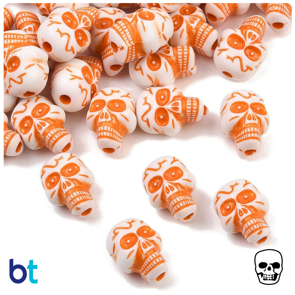 White Opaque 23mm Skull Plastic Beads - Orange Details (24pcs)