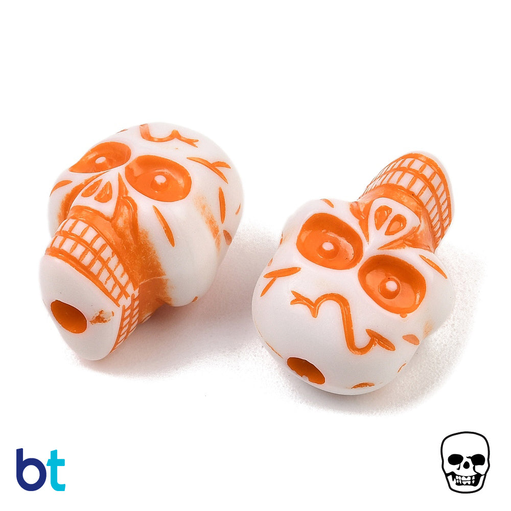 White Opaque 23mm Skull Plastic Beads - Orange Details (24pcs)