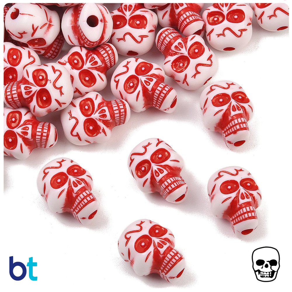 White Opaque 23mm Skull Plastic Beads - Red Details (24pcs)