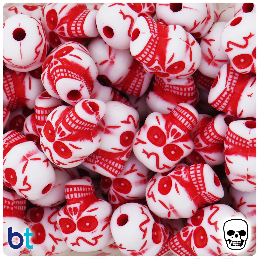 White Opaque 23mm Skull Plastic Beads - Red Details (24pcs)