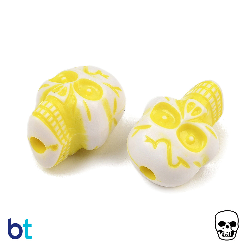 White Opaque 23mm Skull Plastic Beads - Yellow Details (24pcs)