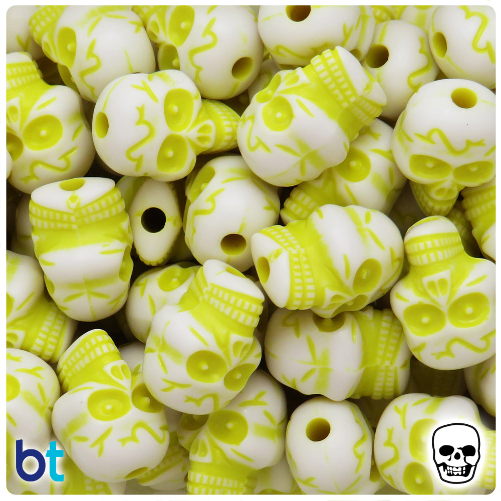 White Opaque 23mm Skull Plastic Beads - Yellow Details (24pcs)