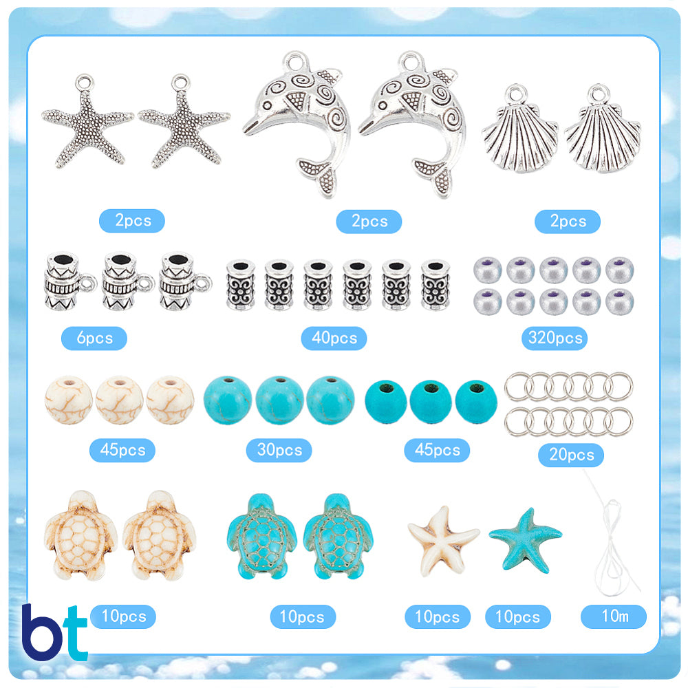 Turquoise, Ivory & Silver Beach Life Plastic Beads (Box)