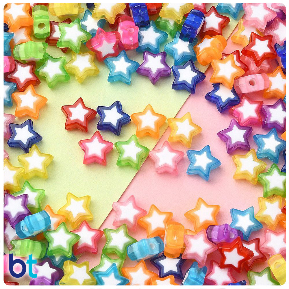 Transparent 9mm Star Plastic Beads - White Core (Box/9 Colors)
