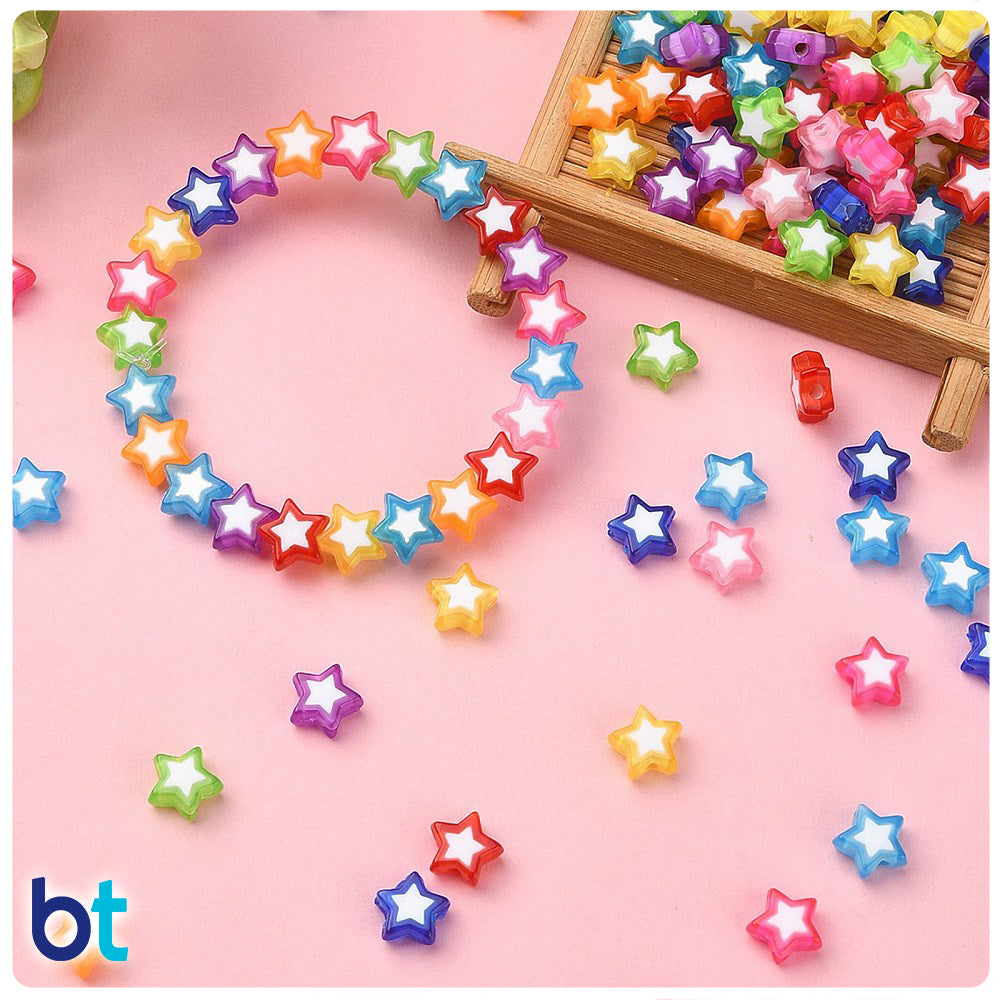 Transparent 9mm Star Plastic Beads - White Core (Box/9 Colors)