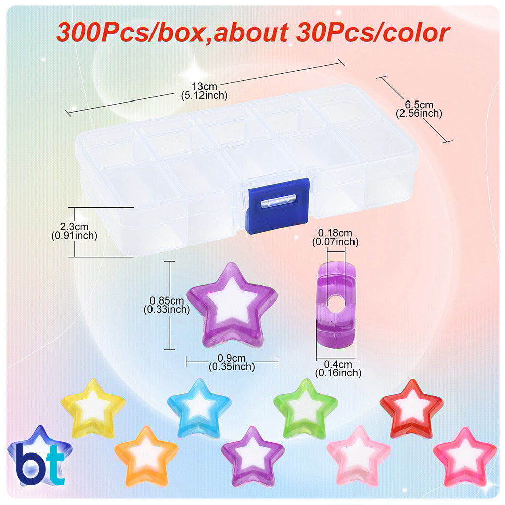 Transparent 9mm Star Plastic Beads - White Core (Box/9 Colors)