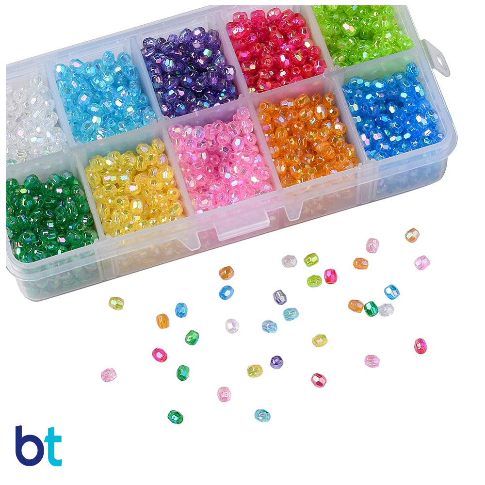Transparent AB 4mm Faceted Barrel Plastic Beads (Box/10 Colors)