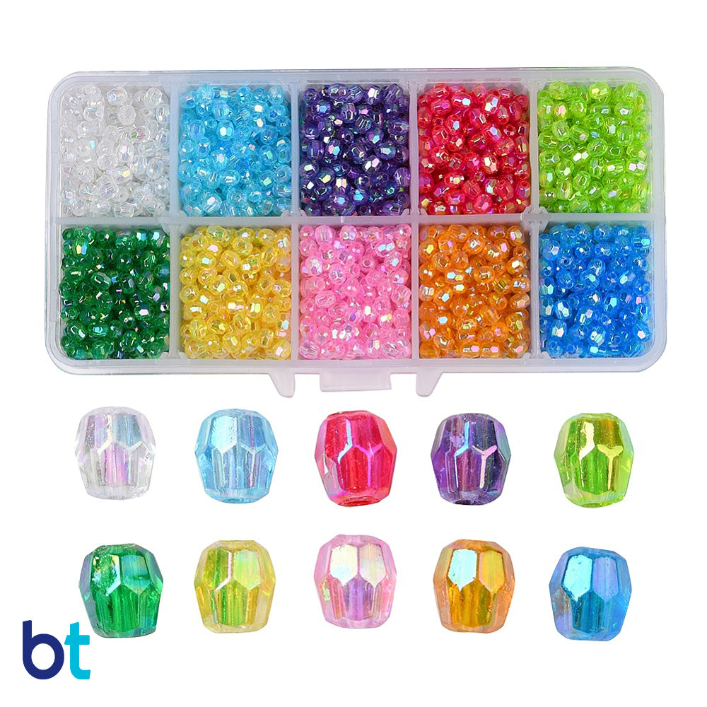 Transparent AB 4mm Faceted Barrel Plastic Beads (Box/10 Colors)