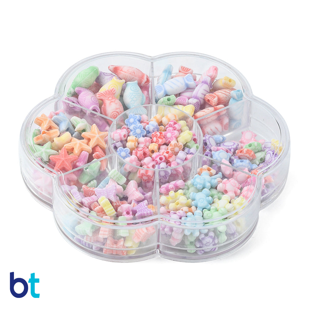 White Opaque Assorted Shape Plastic Beads - Colored Details (Box/7 Shapes)