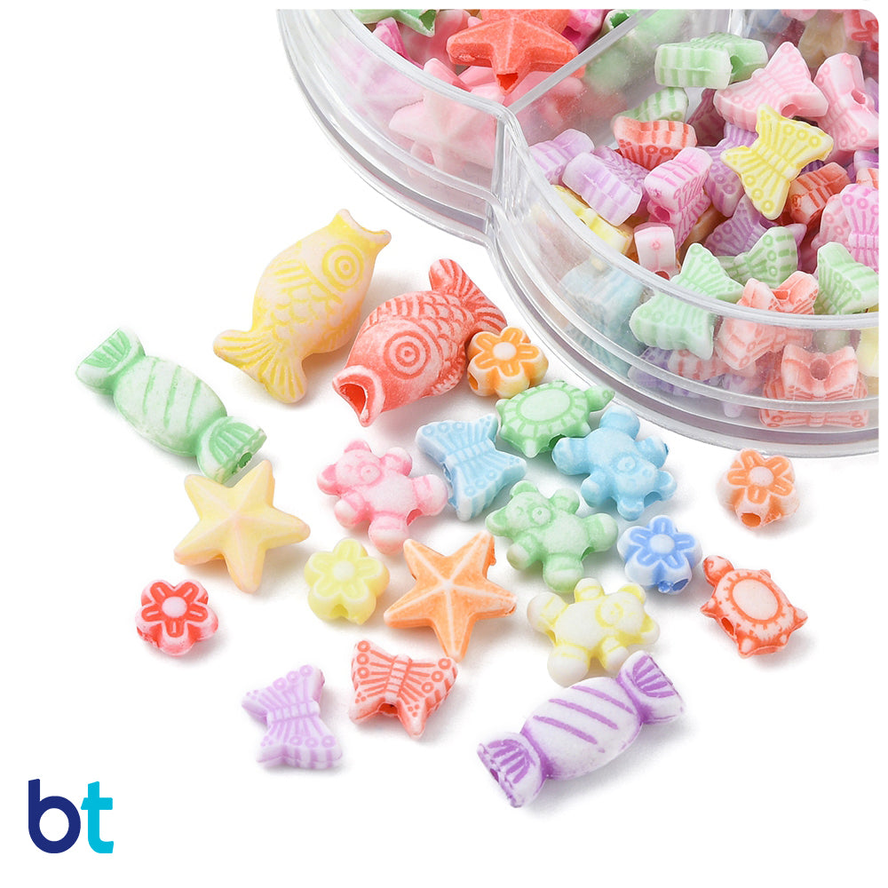 White Opaque Assorted Shape Plastic Beads - Colored Details (Box/7 Shapes)