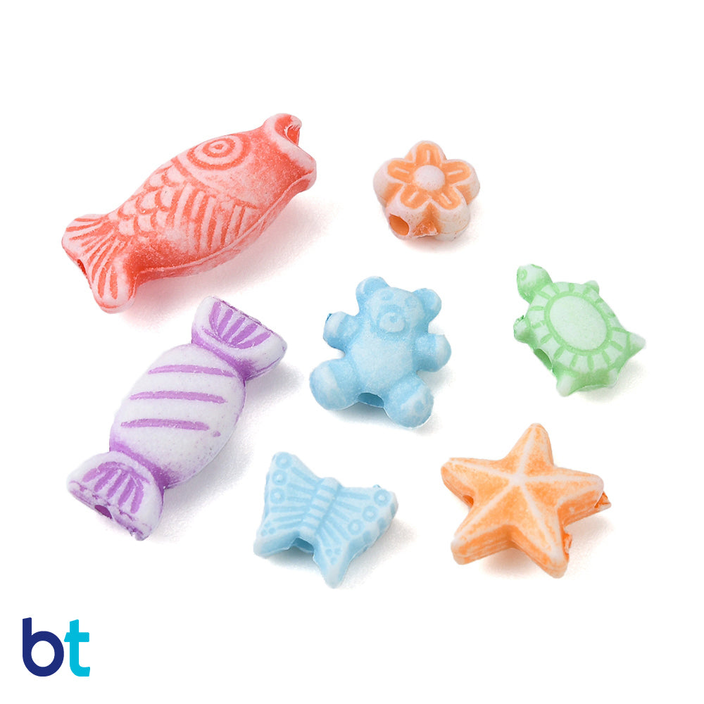 White Opaque Assorted Shape Plastic Beads - Colored Details (Box/7 Shapes)
