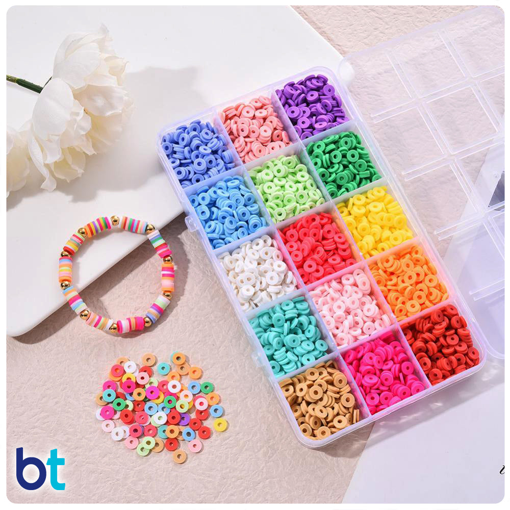 Mixed Opaque 6mm Heishi Disc Polymer Clay Beads (Box/15 Colors)