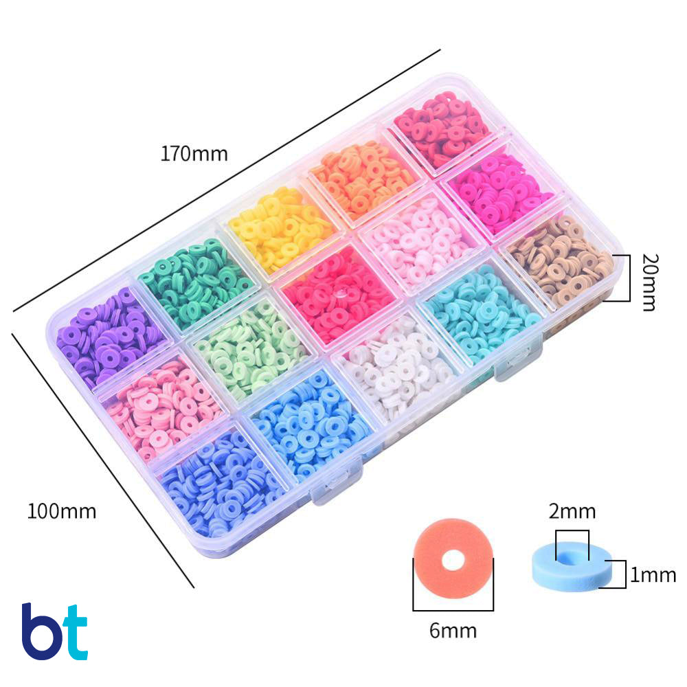 Mixed Opaque 6mm Heishi Disc Polymer Clay Beads (Box/15 Colors)