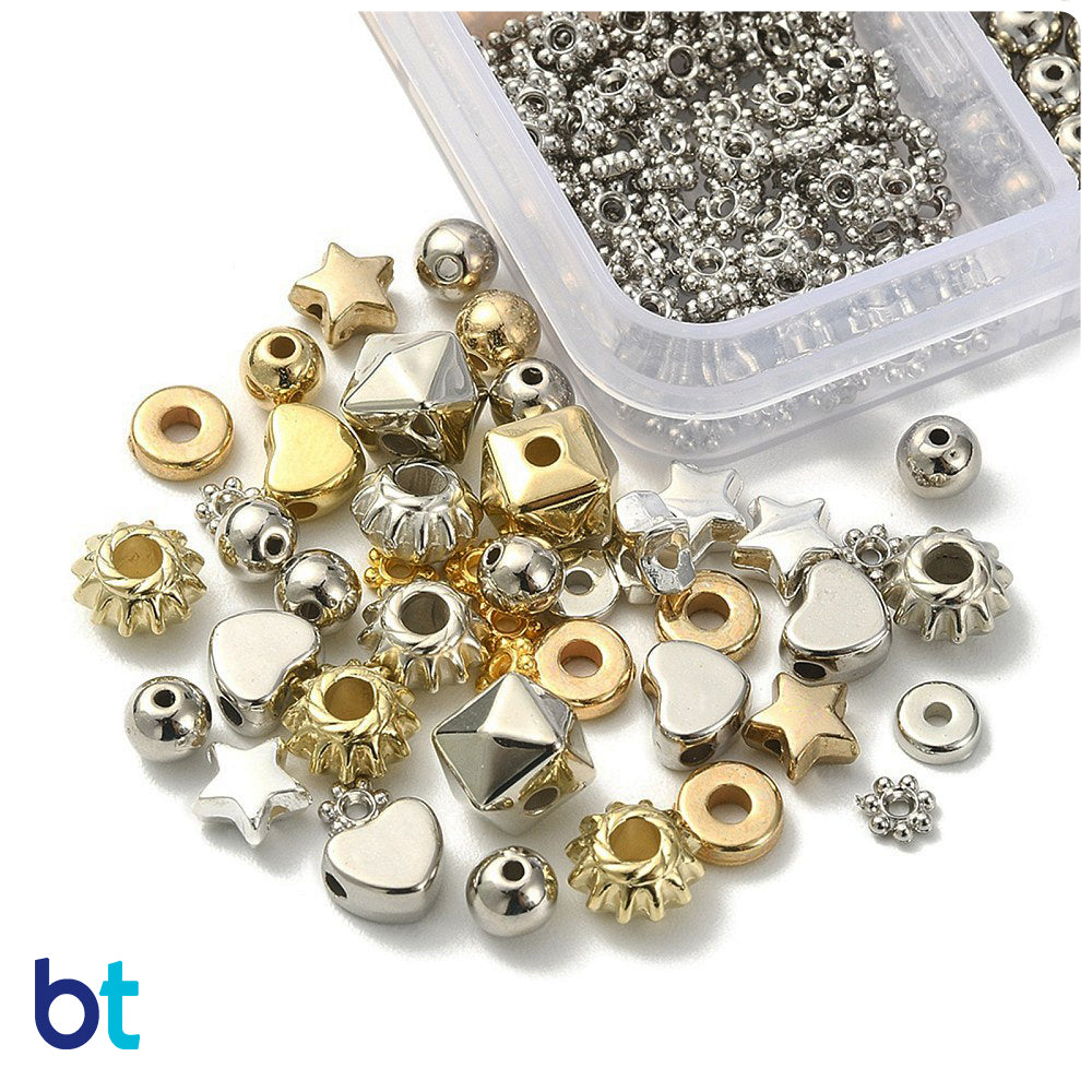 Silver & Gold Metallic Mixed Shapes Plastic Spacer Beads (Box/12 Styles)