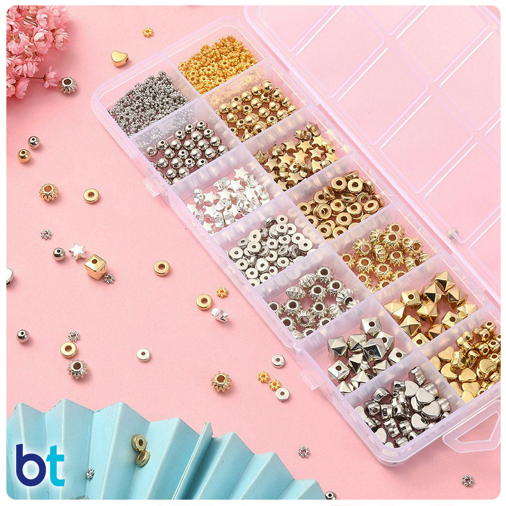 Silver & Gold Metallic Mixed Shapes Plastic Spacer Beads (Box/12 Styles)