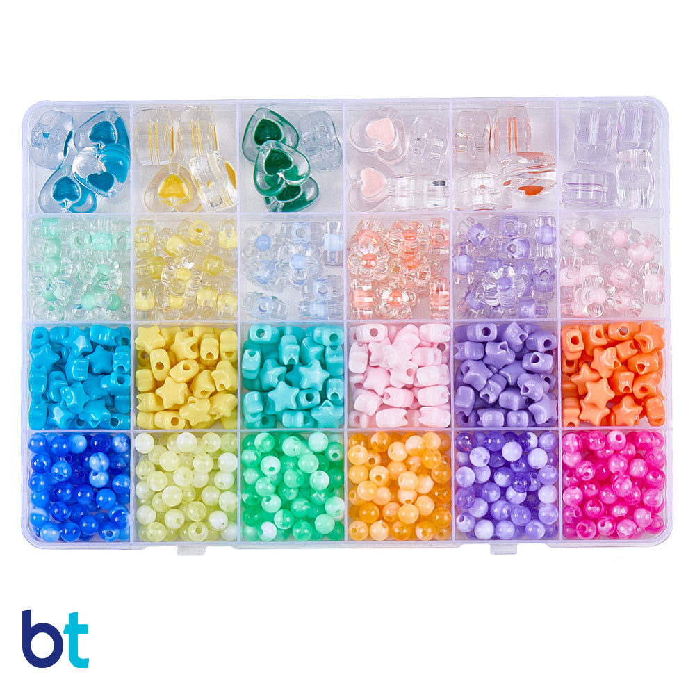 Mixed Pastel Opaque & Transparent Variety Plastic Beads (Box/24 Styles)
