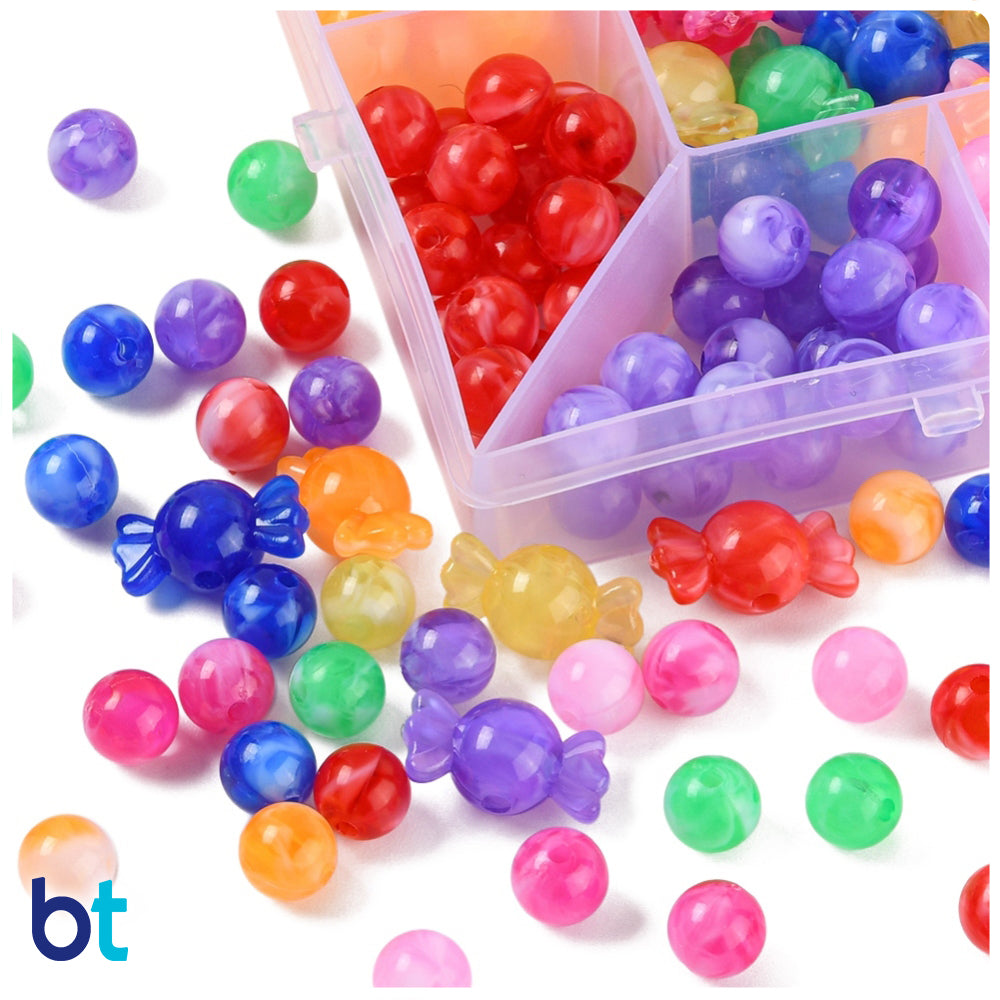 Mixed Marble 10mm Round & 22mm Candy Plastic Beads (Box/8 Colors)
