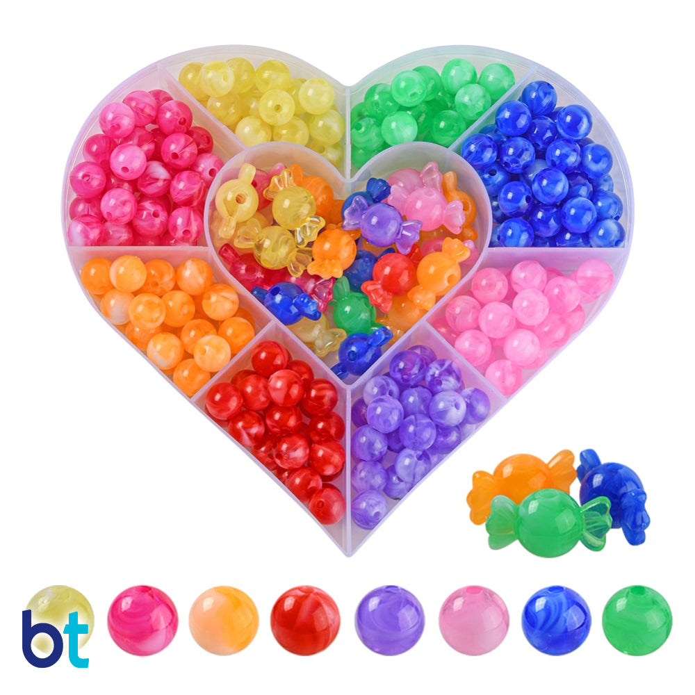 Mixed Marble 10mm Round & 22mm Candy Plastic Beads (Box/8 Colors)